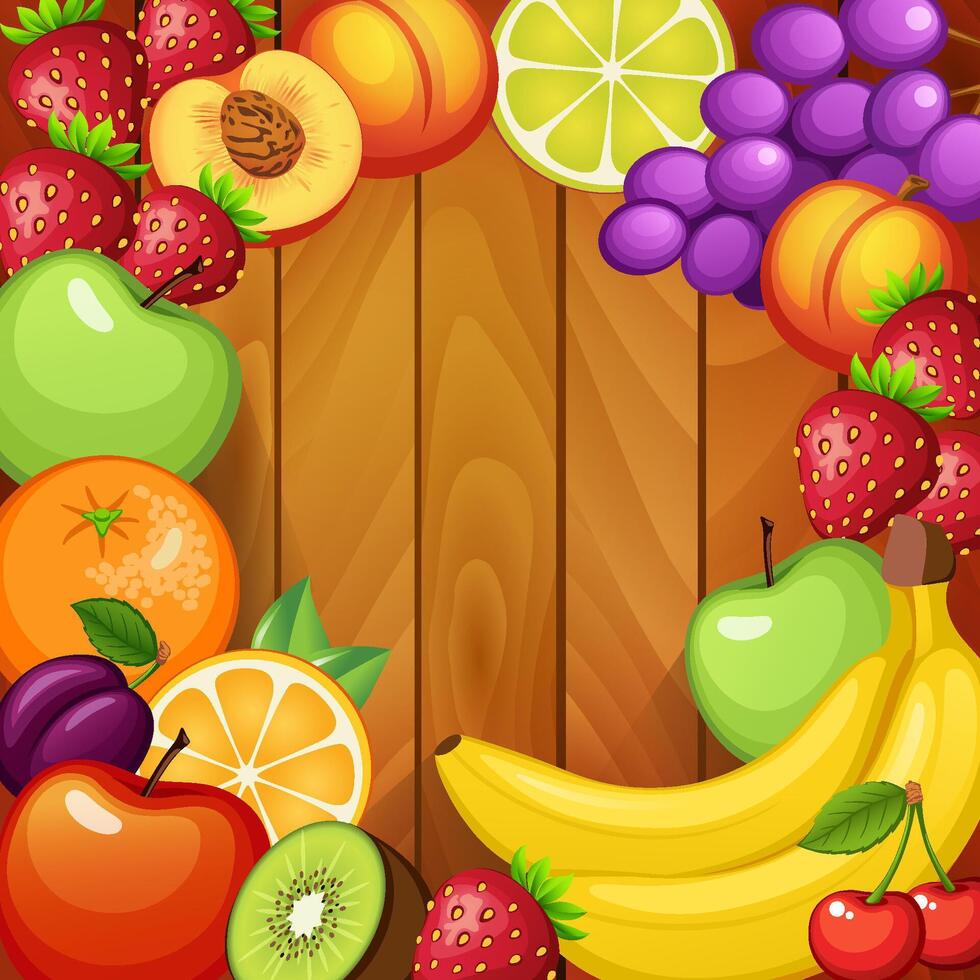 Assorted fresh fruits on wooden background vector