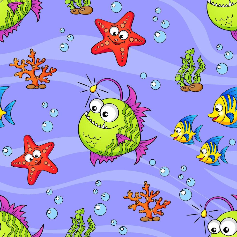 Seamless pattern with cute cartoon sea animals. Monkfish, fish, starfish on light blue background vector