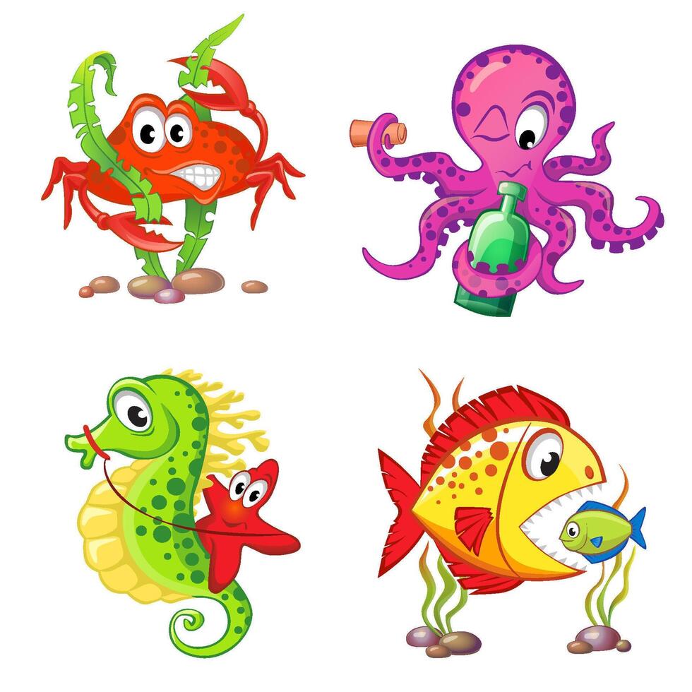 Colorful cartoon sea creatures vector