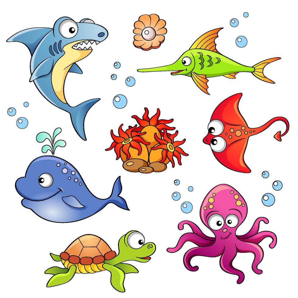 Colorful cartoon sea animals illustration vector