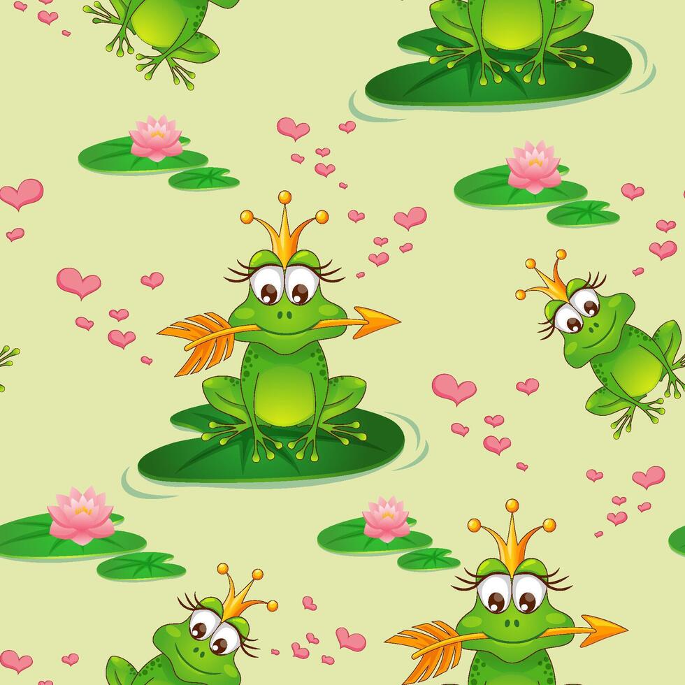 Frog pattern with hearts and lilies vector