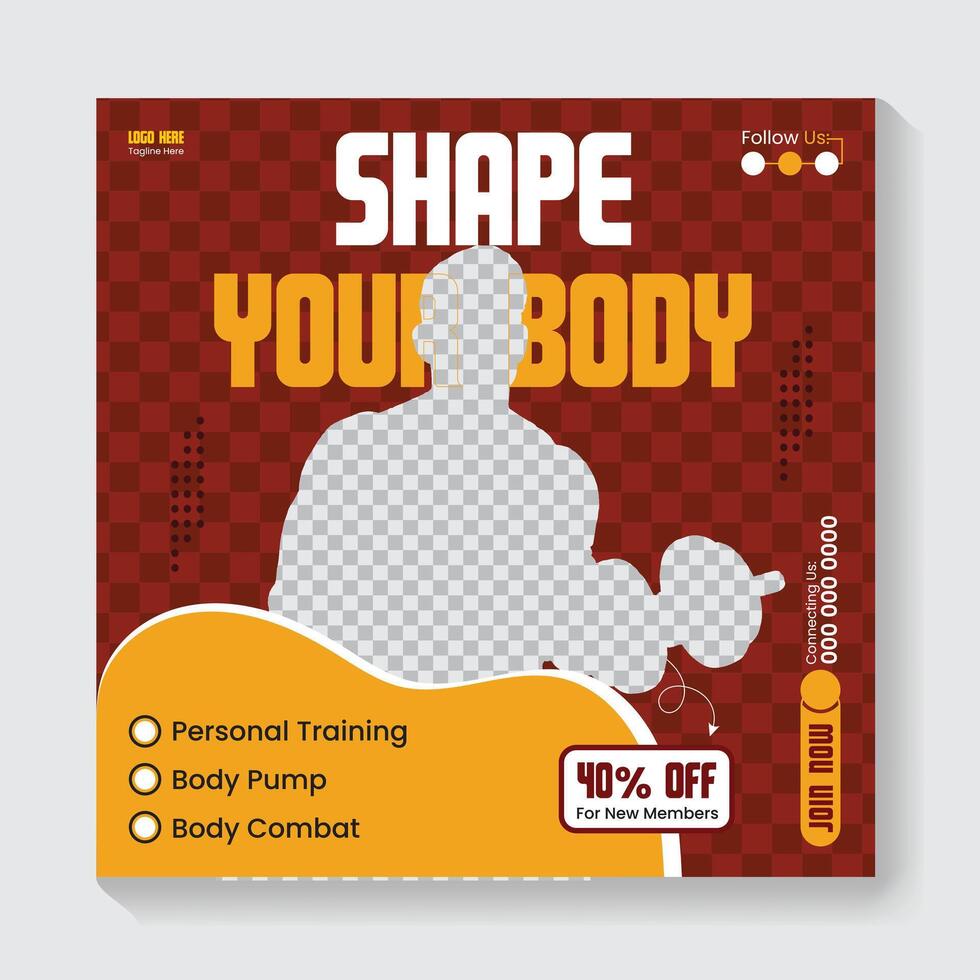 Fitness gym social media post banner template with black and red color, gym vector