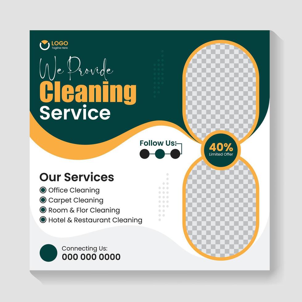 Cleaning service social media post banner template. Home cleaning business marketing square flyer design vector