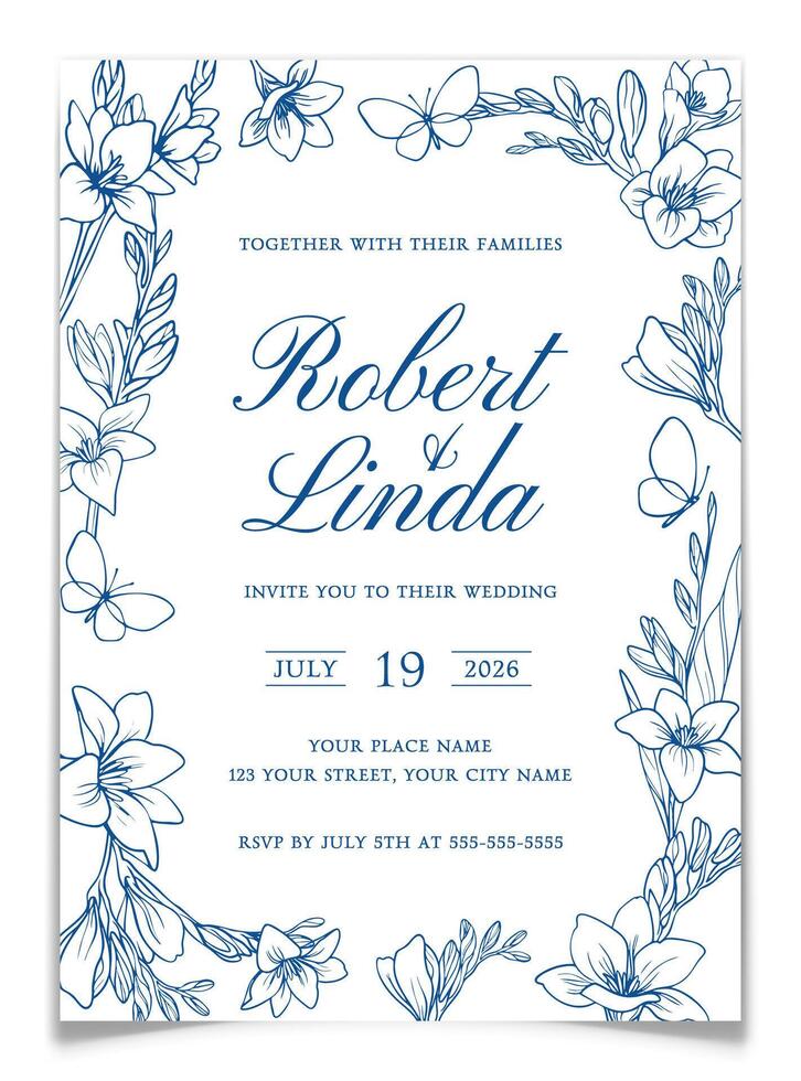 Wedding Invitation Card with Freesia Flowers Frame vector