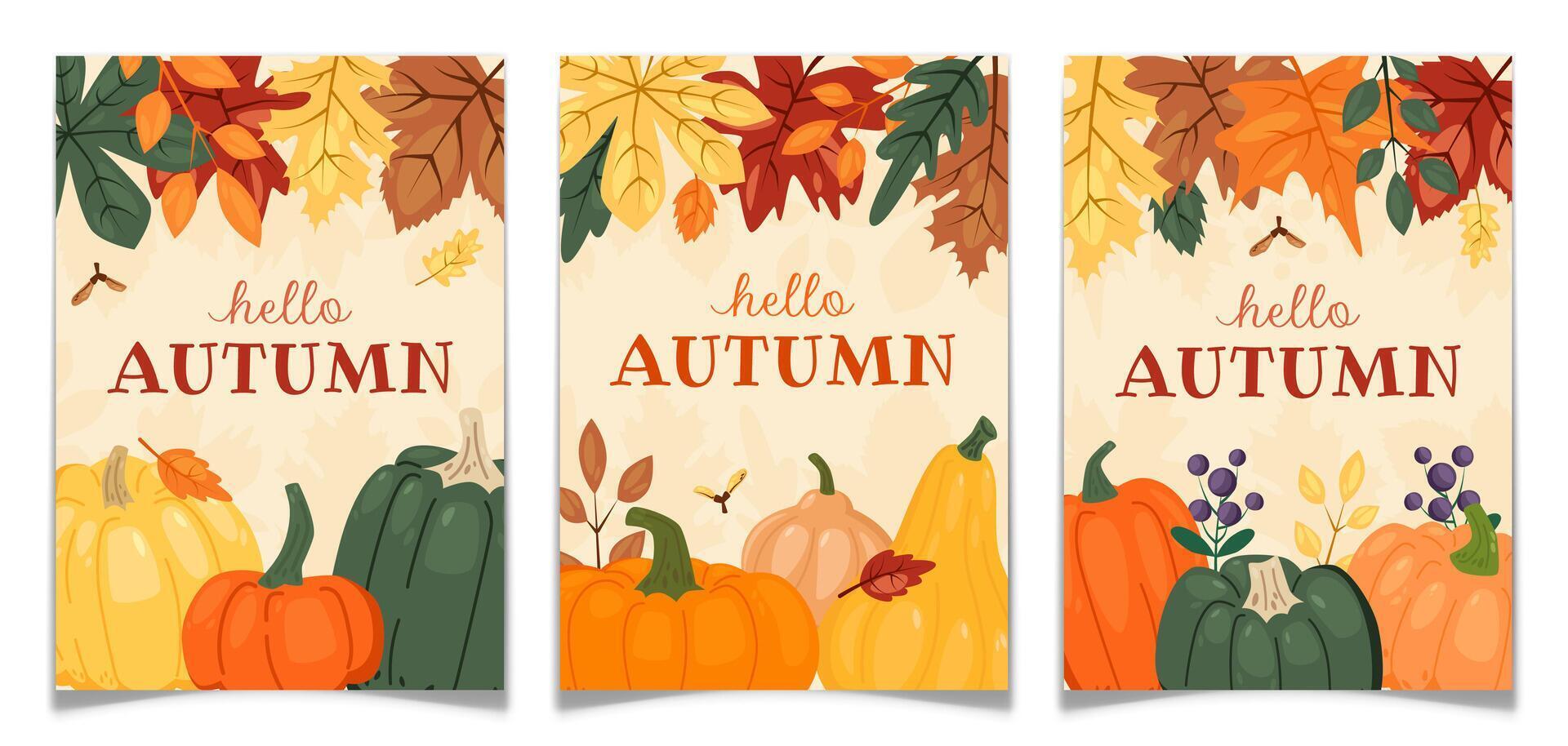 Autumn greeting cards with pumpkins and leaves vector