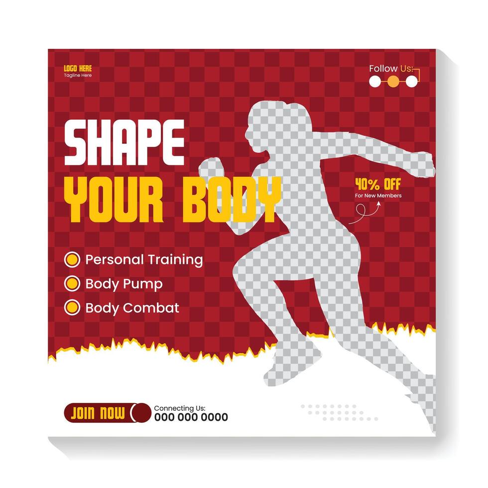 Fitness gym social media post banner template with black and red color, gym, Workout, fitness and Sports social media post banner, fitness gym social media post banner design. vector