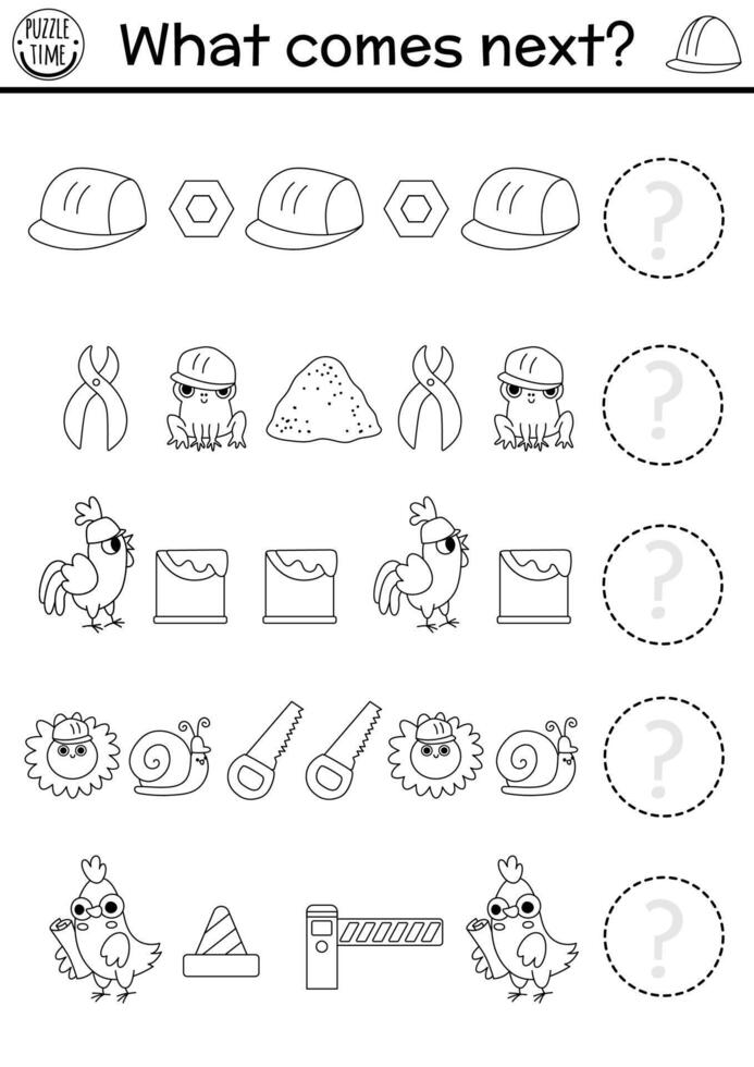 What comes next. Construction site black and white logical activity with hard hat, tools. Building works, repair service logic succession worksheet. Continue the row game, coloring page vector