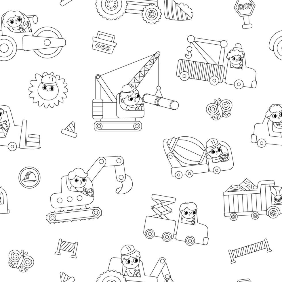 black and white special transport seamless pattern with drivers. Construction site, road work, building line transport repeat background with bulldozer. Cute repair service vehicles texture vector