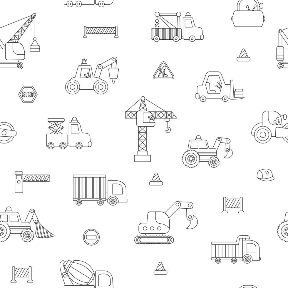 black and white special transport seamless pattern. Construction site, road work, building transport line repeat background with bulldozer, tractor, truck. Digital paper with vehicles vector