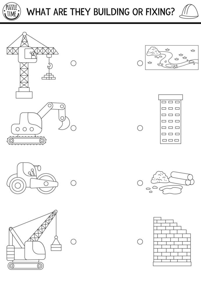 Construction site black and white matching activity with special technics. Building works line puzzle, game, printable worksheet. Repair service match up coloring page vector