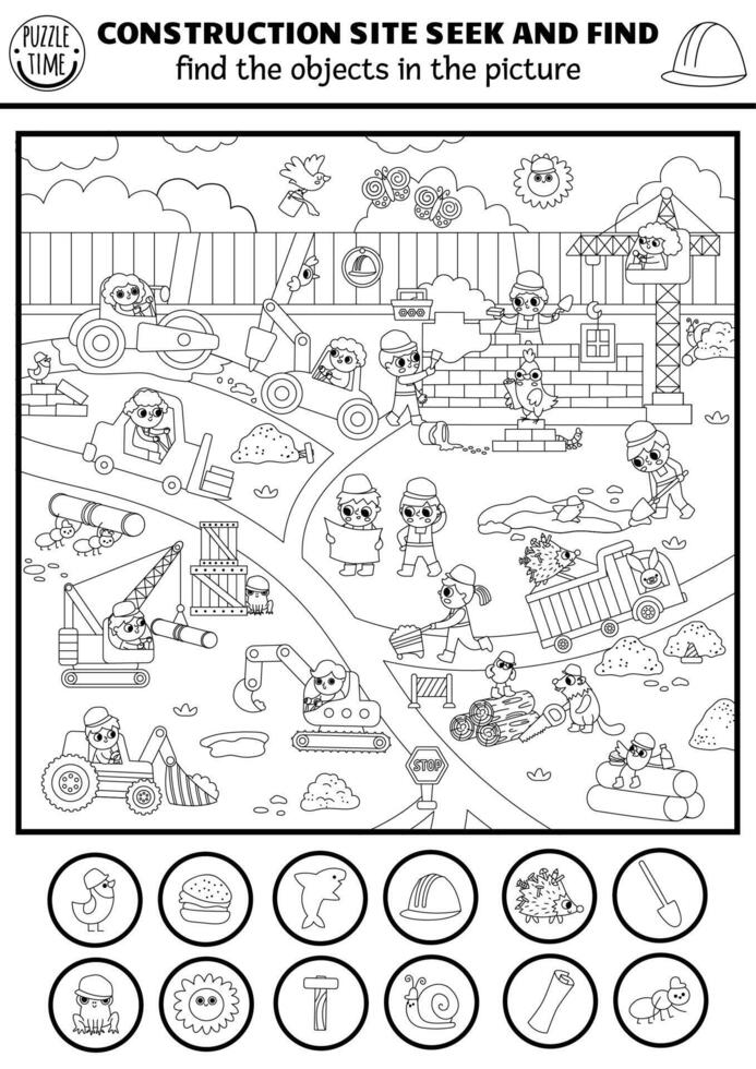Construction site searching game with building works landscape. Spot hidden objects. Simple black and white seek and find printable activity, coloring page for kids with workers vector