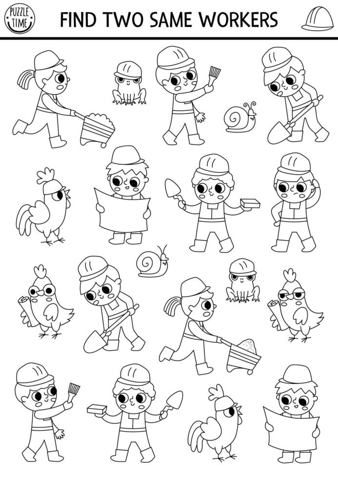 Find two same workers. Construction site black and white matching activity. Building works educational quiz worksheet for kids for attention skills. Simple printable game, coloring page with builders vector