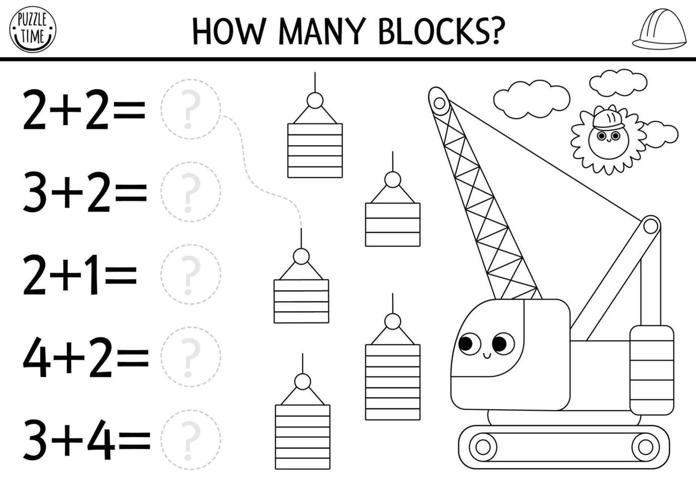 How many blocks black and white game with crawler crane. Construction site math addition activity. Building works printable counting worksheet, coloring page for kids with special car, vehicle vector