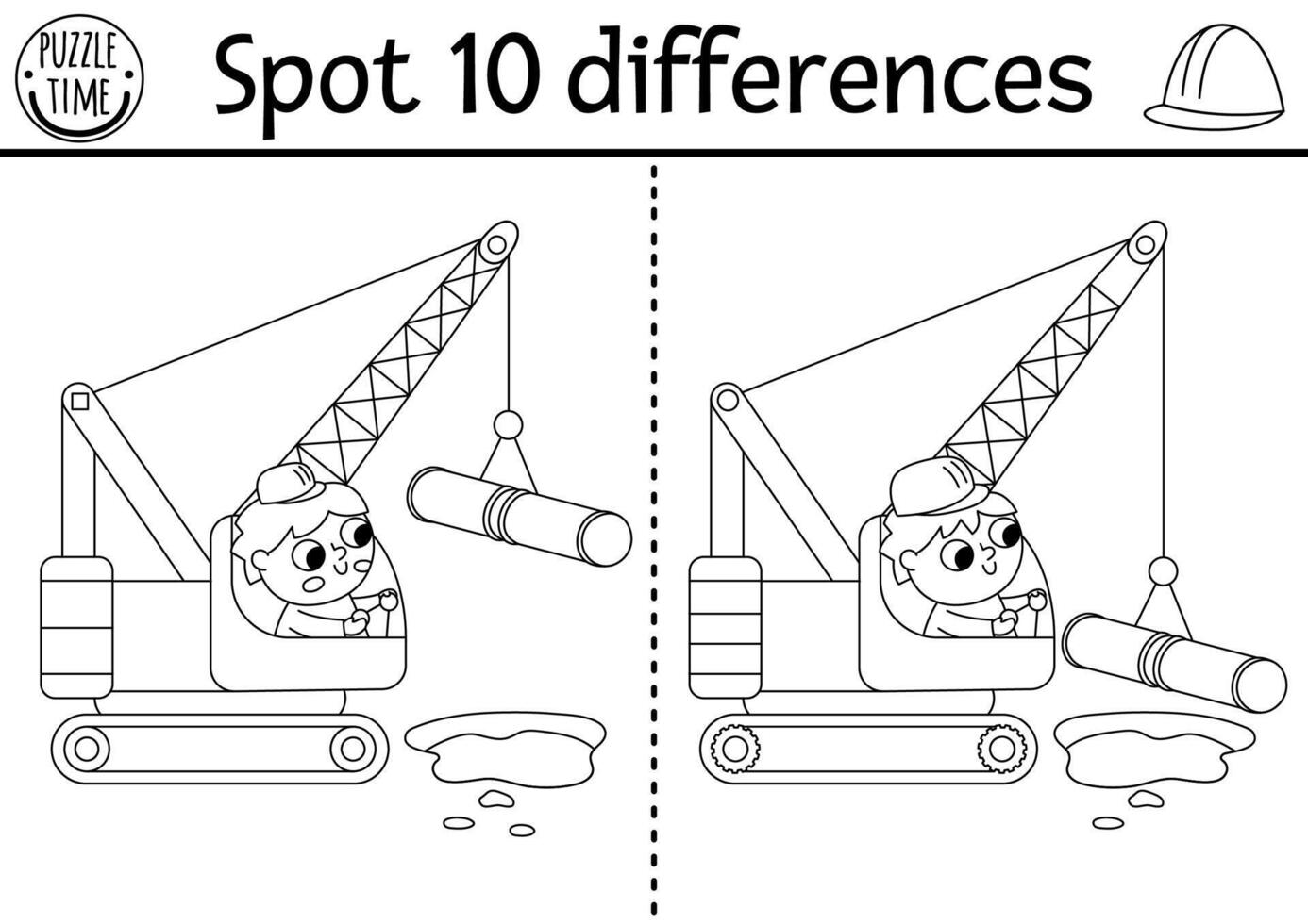 Find differences black and white game for children. Construction site educational activity with boy driver in crane lifting pipe. Cute puzzle for kids with worker. Printable worksheet, coloring page vector