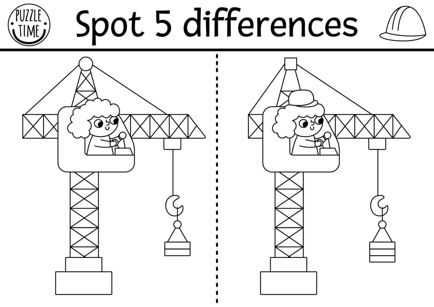 Find differences black and white game for children. Construction site educational activity with girl operator in lifting crane. Cute puzzle for kids with worker. Printable worksheet, coloring page vector