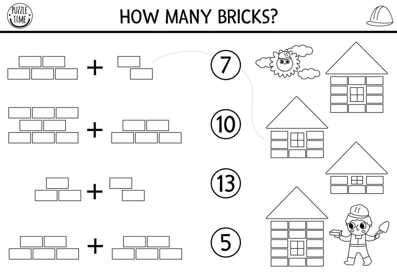 Match the numbers black and white construction site game with builder and buildings. Math activity for kids with worker. Educational counting worksheet, coloring page. How many bricks in house vector