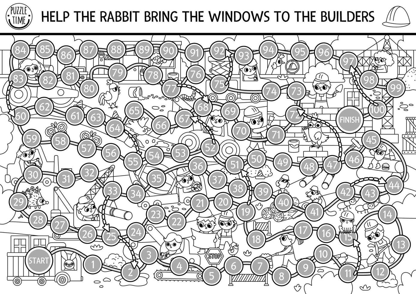 Construction site black and white dice board game for children with kid builders, transport, bulldozer, truck, crane. Building works line boardgame. Repair service printable activity, coloring page vector