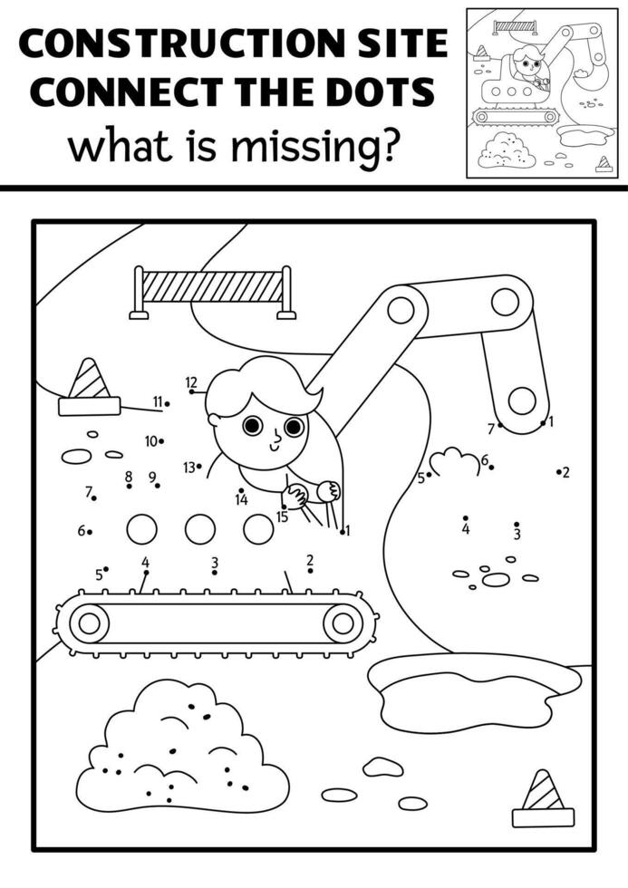black and white dot-to-dot and color activity with excavator, construction site scene. Building works connect the dots game, coloring page with industrial vehicle. Printable worksheet vector