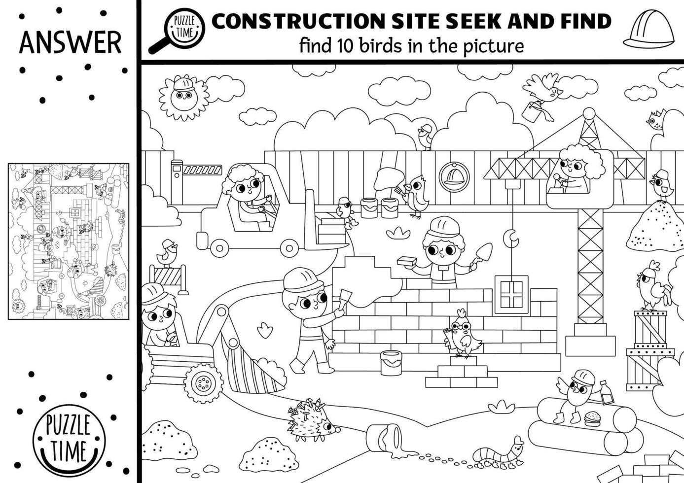black and white construction site searching game with building works landscape. Spot hidden birds. Simple seek and find educational printable activity, coloring page for kids with worker vector