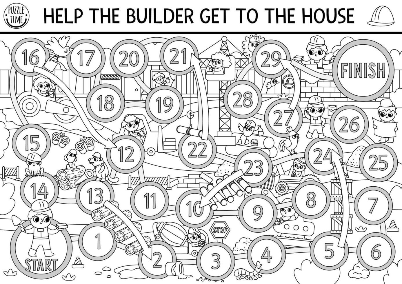 Construction site black and white dice line board game with cute kid builders, transport, bulldozer, tractor, truck, crane. Building works boardgame. Repair service printable activity, coloring page vector