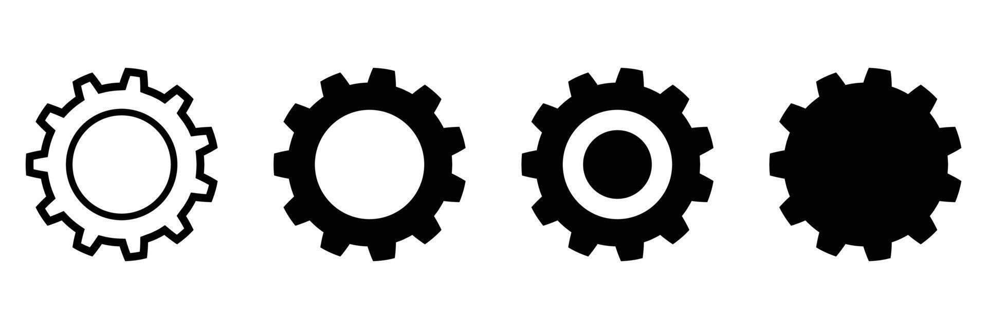 Four Cogwheel, settings, wheel Icons Outline, Filled, Inverted, and Solid Black Gear Illustrations Vectors Graphics