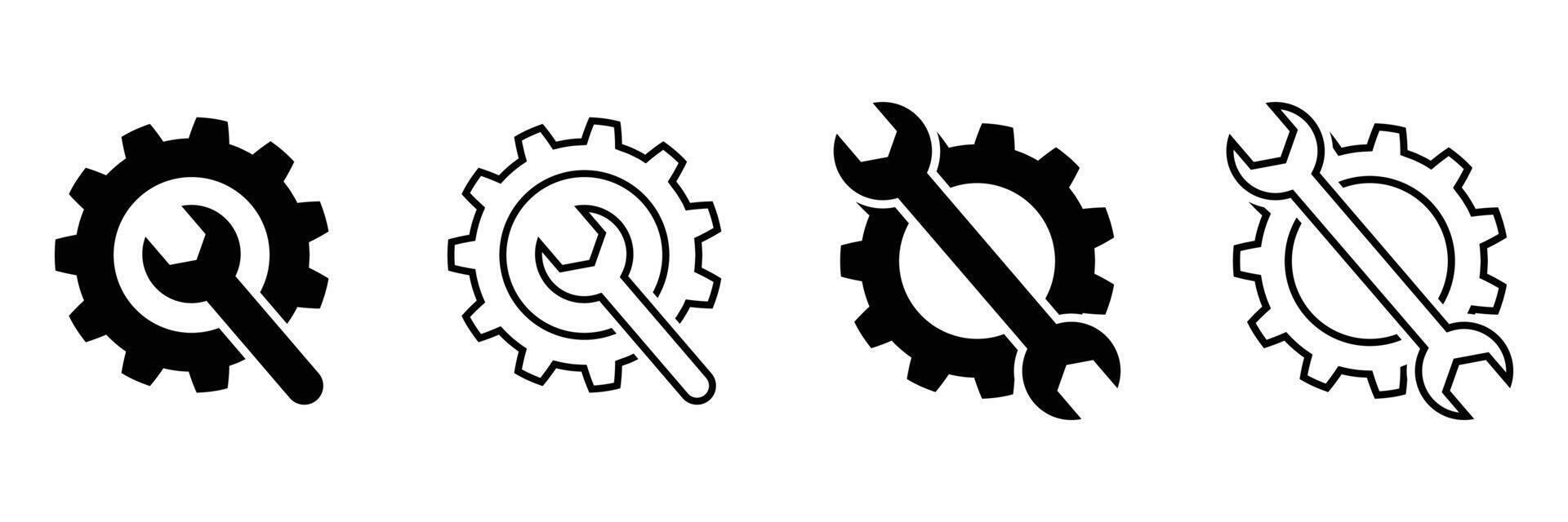 Gear and Wrench Icons Four Variations Solid Black, Outline, and Two Combinations. Vectors graphic illustrations depicting maintenance, repair, engineering, and technical support concepts