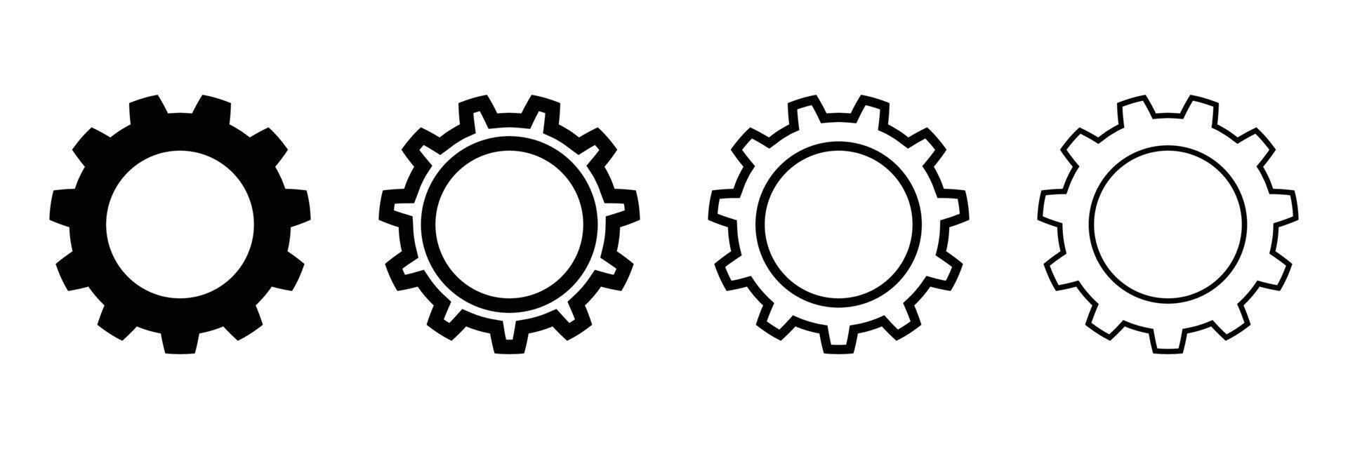 Four Simple Gear Icons Black Filled, Black Outline, Vectors Illustration of Cogwheels, wheel, and settings