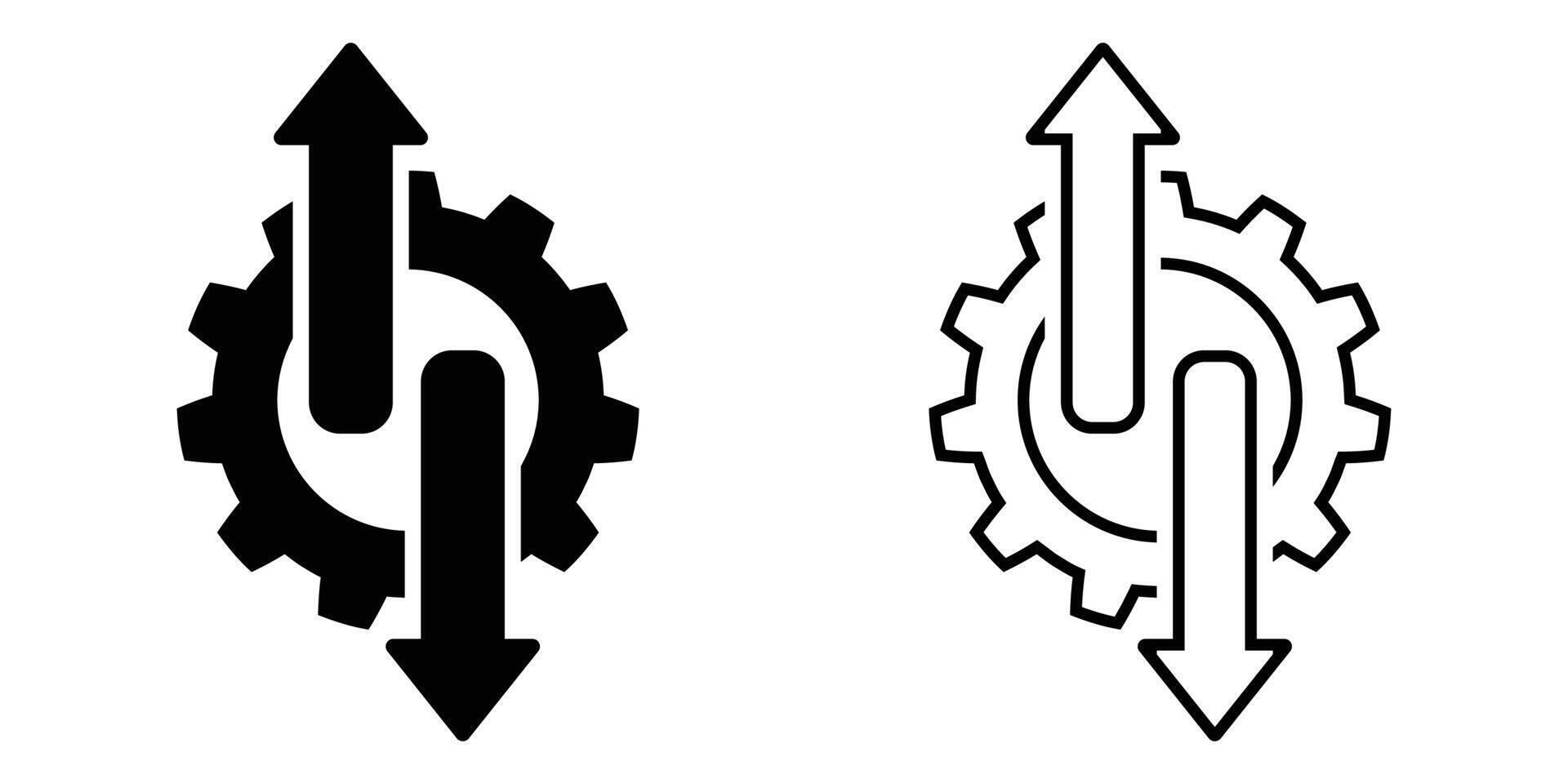 Upward and Downward Trending Gear Icons Black and Outline Vectors Graphics Business, Technology, Illustrating, Efficiency, Improvement, and System Management, Suitable for Presentations