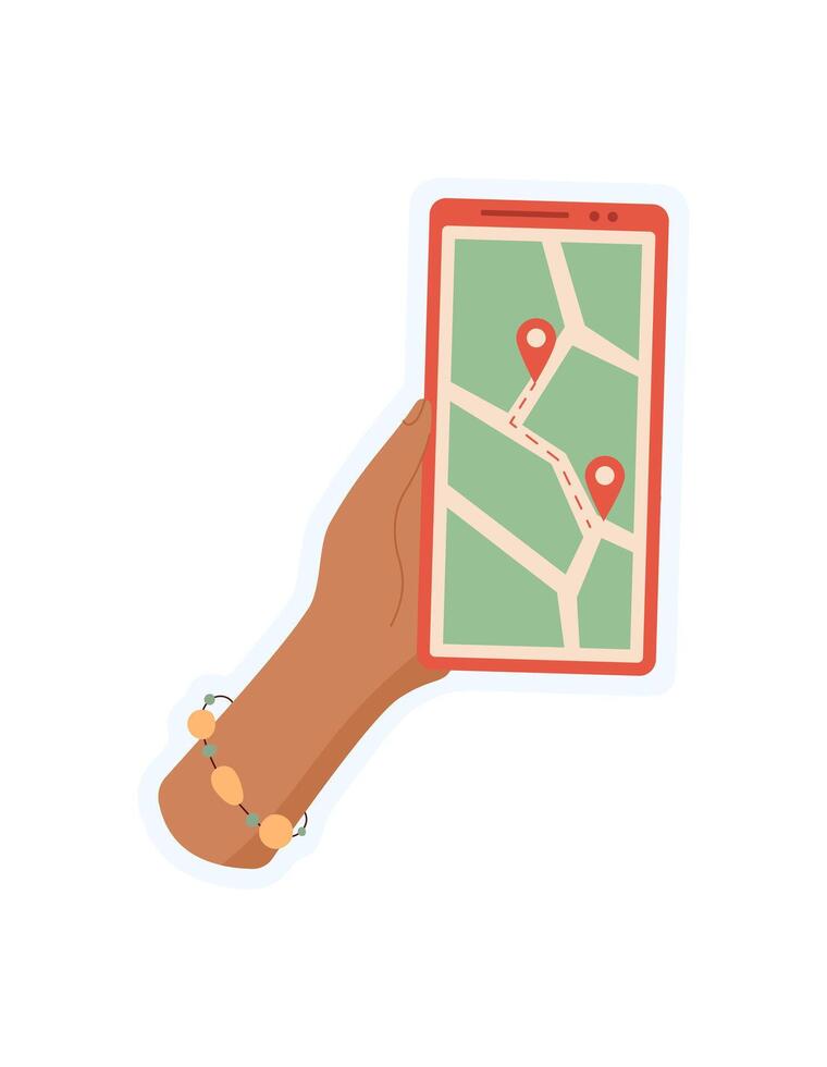 A hand holds a phone displaying a GPS map. The smartphone shows navigation information. This sticker image serves as mobile application concept, useful for online services and media promotions. vector