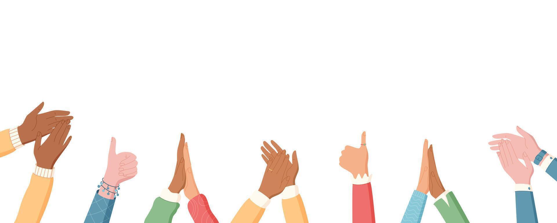 Diverse group hands clapping in flat style. People showing solidarity with joyful applause. A cheerful celebration with happy gestures, symbolizing unity and community. Perfect for banners, social vector