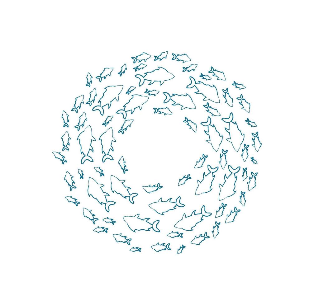 Chalk fish school silhouette. A round pattern of aquatic creatures. Underwater marine life in the ocean, flat chalk style, suitable for summer projects. vector