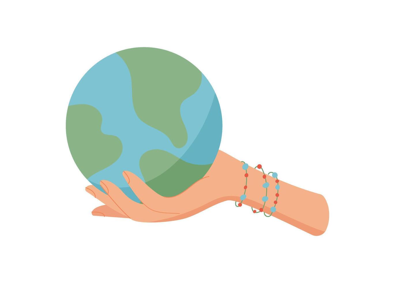 Hand holding globe symbolizes connection. Woman gives and receives the earth as a gesture of unity. Concept of peace, charity, and hope, flat style, suitable for environmental themes. vector