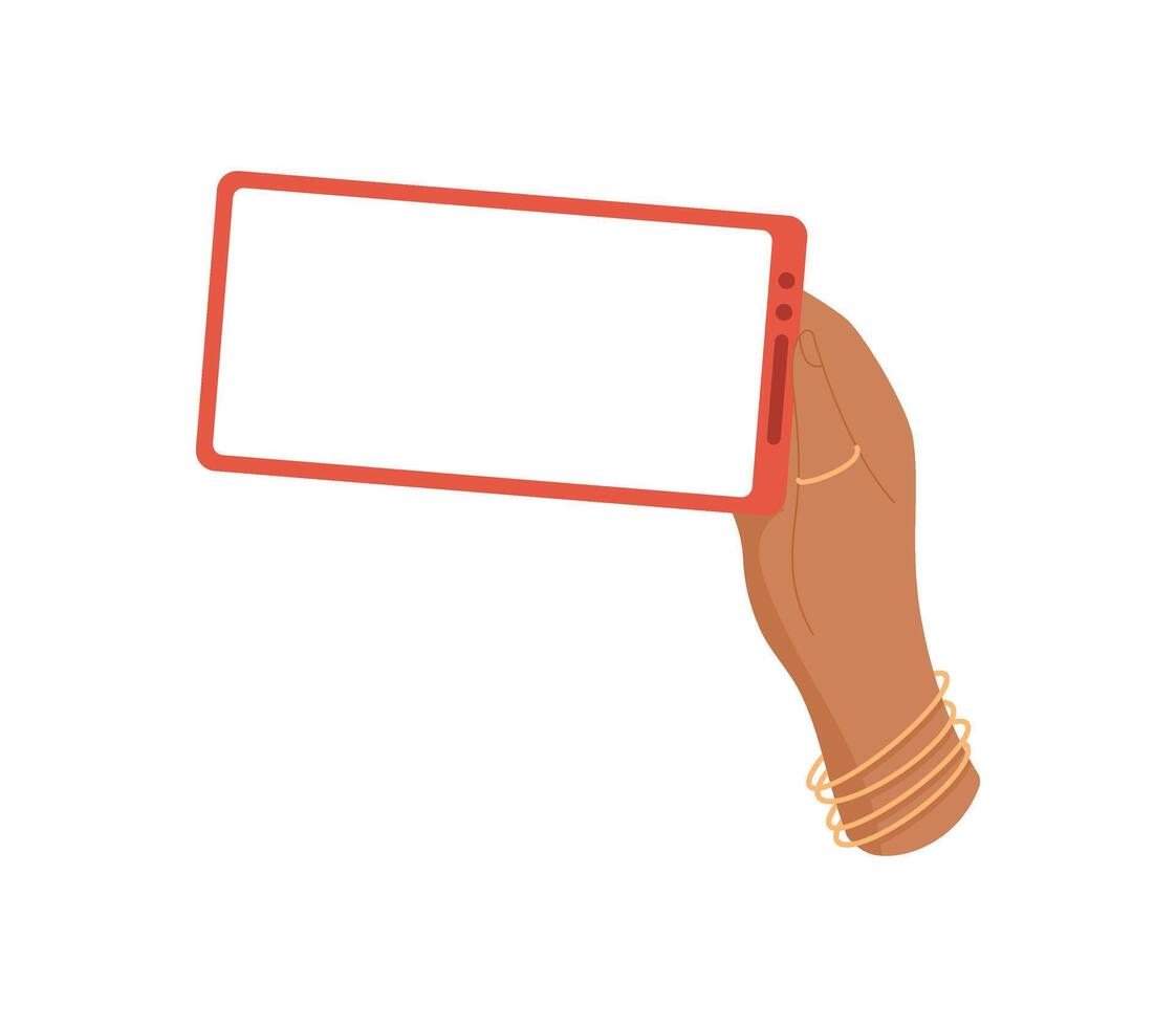Hand holds a smartphone with a blank screen. User presents mobile phone for digital applications and online usage. This mobile device provides communication and accessibility, flat style, versatile vector