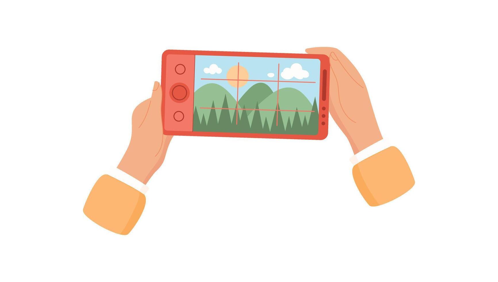 Two hands hold a phone with an open camera app. The mobile device captures a photo, showcasing digital media. This simple action reflects user engagement in social media. Ideal for communication, vector