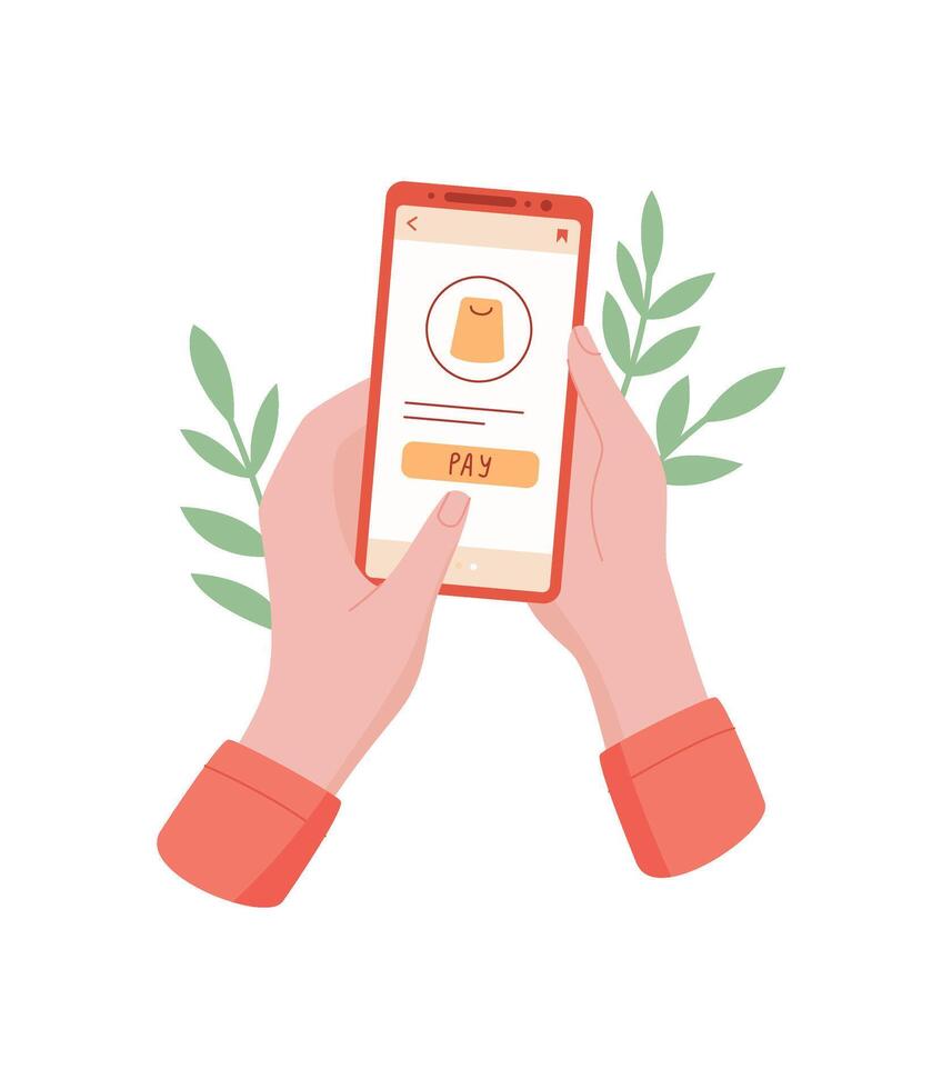 Hands hold a smartphone for payment. A user interacts with an app on the phone screen. The image emphasizes a persons use of technology for online product sale, simple and modern, ideal ecommerce vector