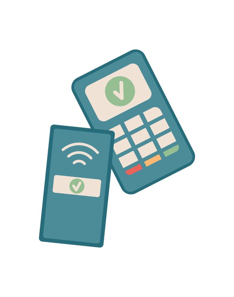Payment device with a phone and sale terminal. Cash transaction using a digital device. Financial context, flat style, suitable for business or finance materials. vector