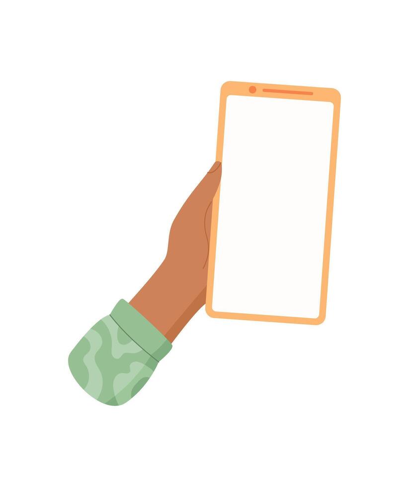 A hand holds a smartphone with a blank template screen. The user interacts with the mobile device using gesture. The mobile phone illustrates placeholder app, ideal for showcasing concepts, vector