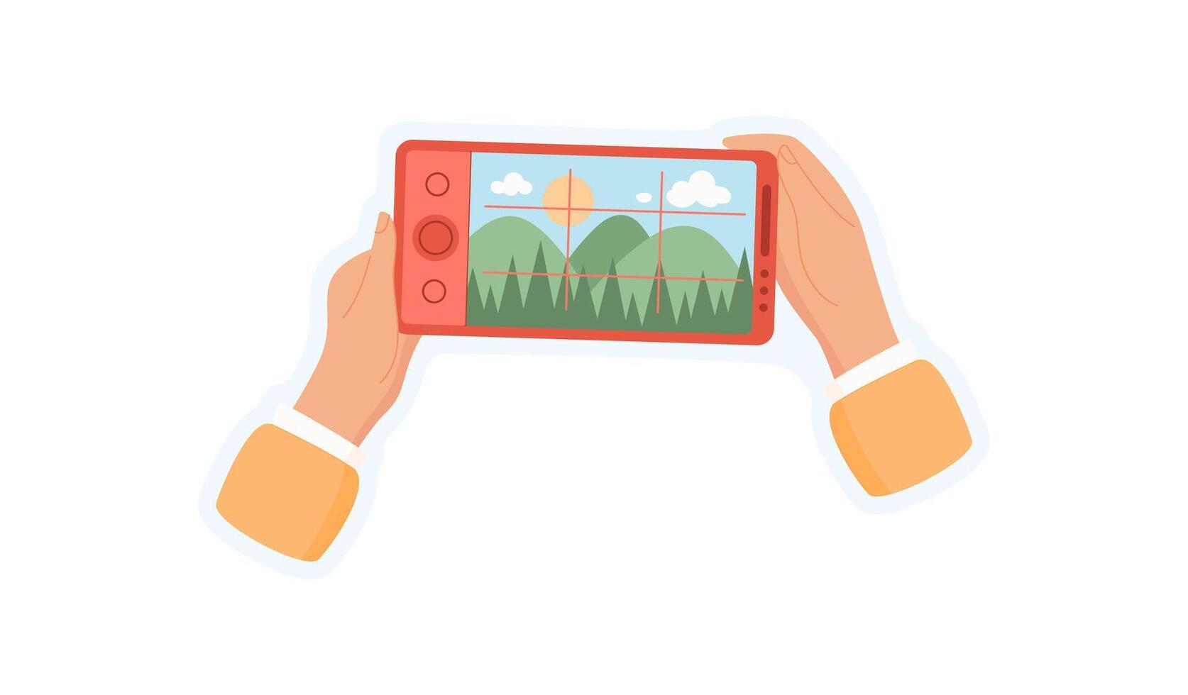 Sticker of hand holding phone. A person holds a smartphone with a visible screen. The mobile device displays an app for sharing photos, taking pictures, and online interaction, featuring cute vector