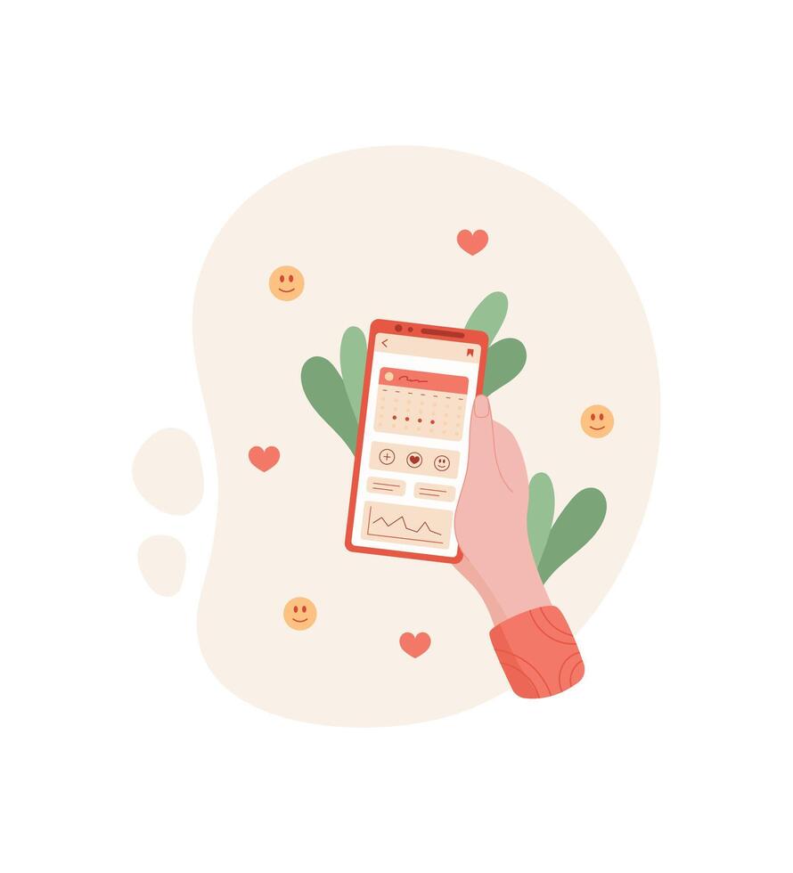 A hand holds a smartphone displaying a calendar app. A user interacts with mobile app on the phone screen. Digital device showcases modern lifestyle, flat style, creating stylish image for online vector