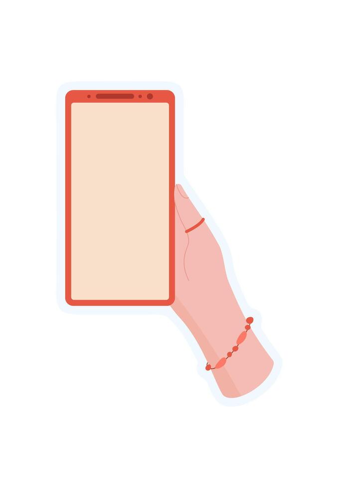 Hand holds smartphone sticker. User displays a phone. Gesture of communication, flat style, template for digital applications. vector