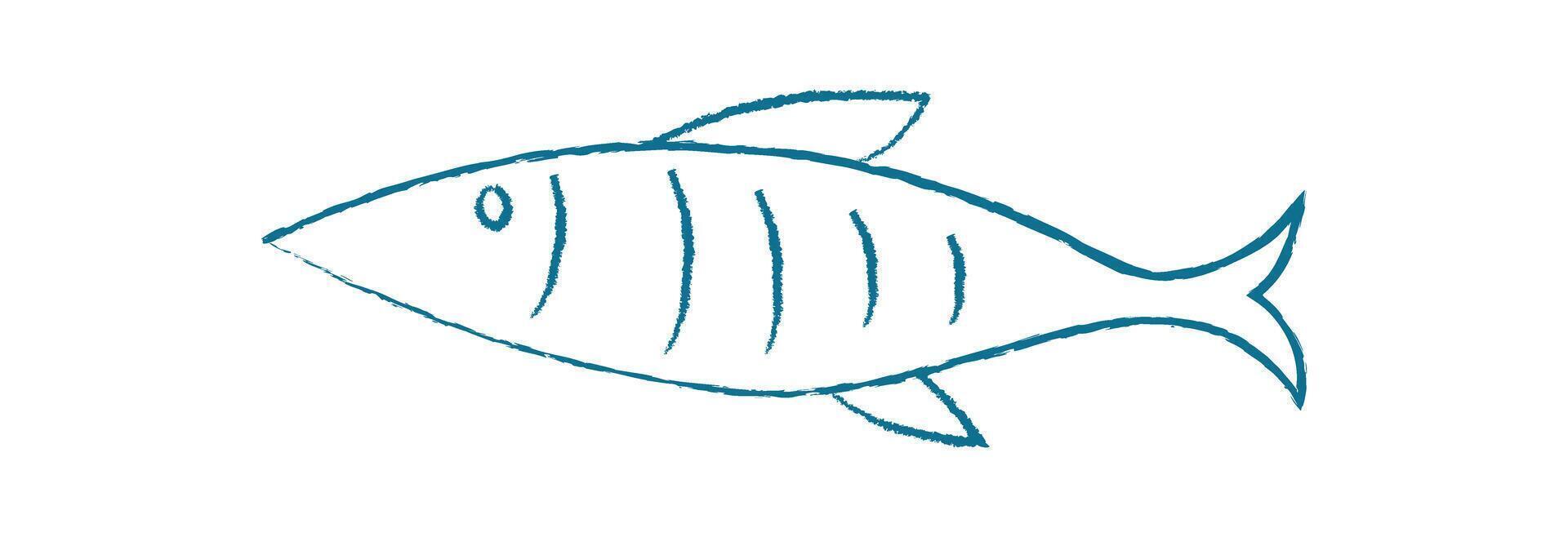 Tuna silhouette swim in the ocean. Aquatic fish in a doodle style. Underwater life, flat pattern, potential for logo or icon design. Chalk and crayon style vector