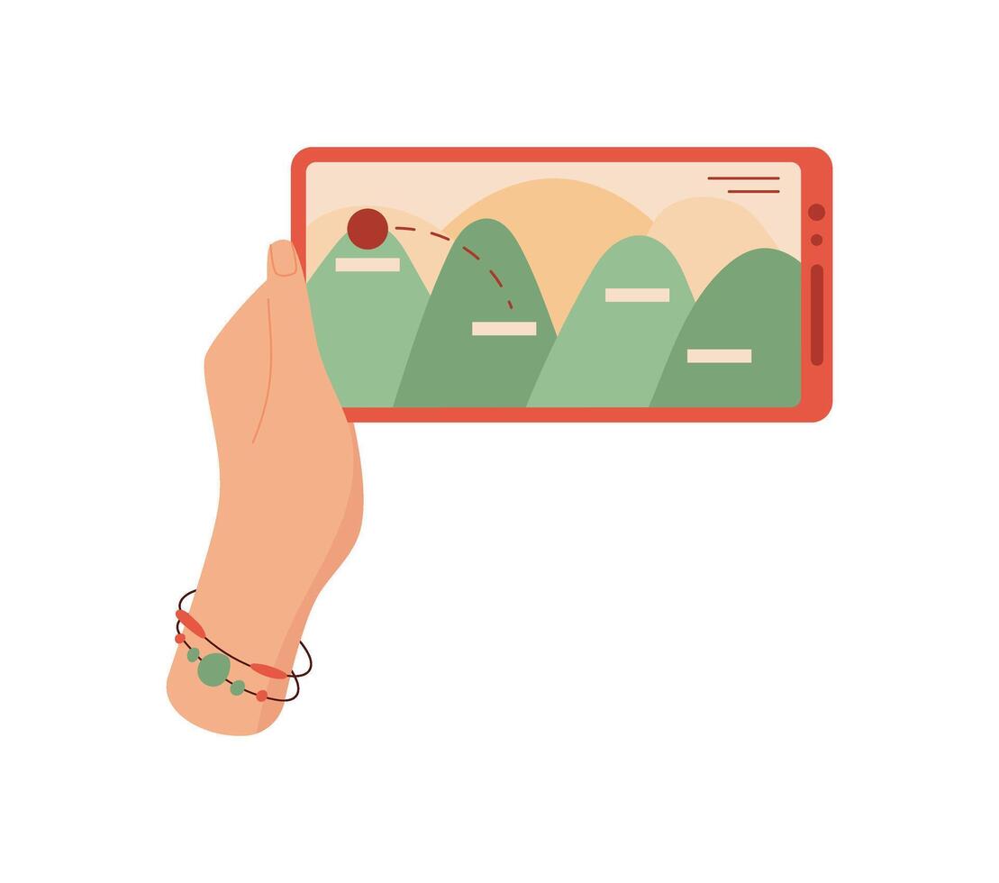 A hand holds a smartphone displaying a game on the screen. A user interacts with the phone and plays through digital app. Engaging with mobile technology, flat design, ideal for social media and vector