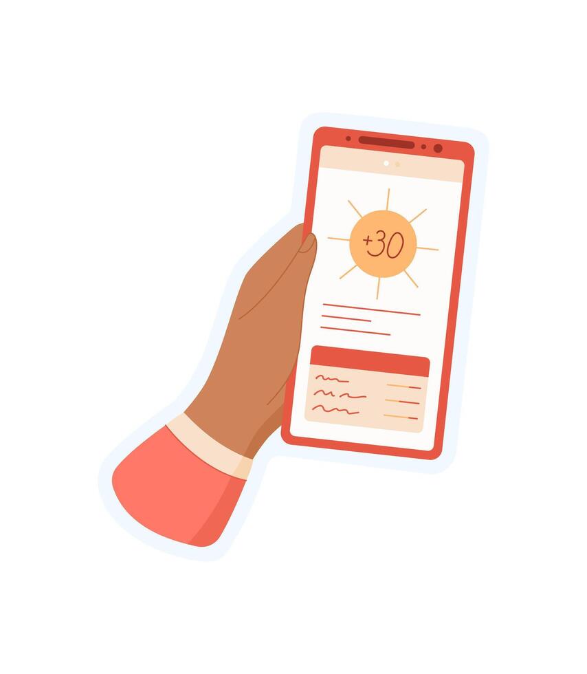 A sticker of a hand holding a phone. A user interacts with mobile device displaying an app on the screen. Digital communication concept, flat design, suitable for media and technology applications. vector