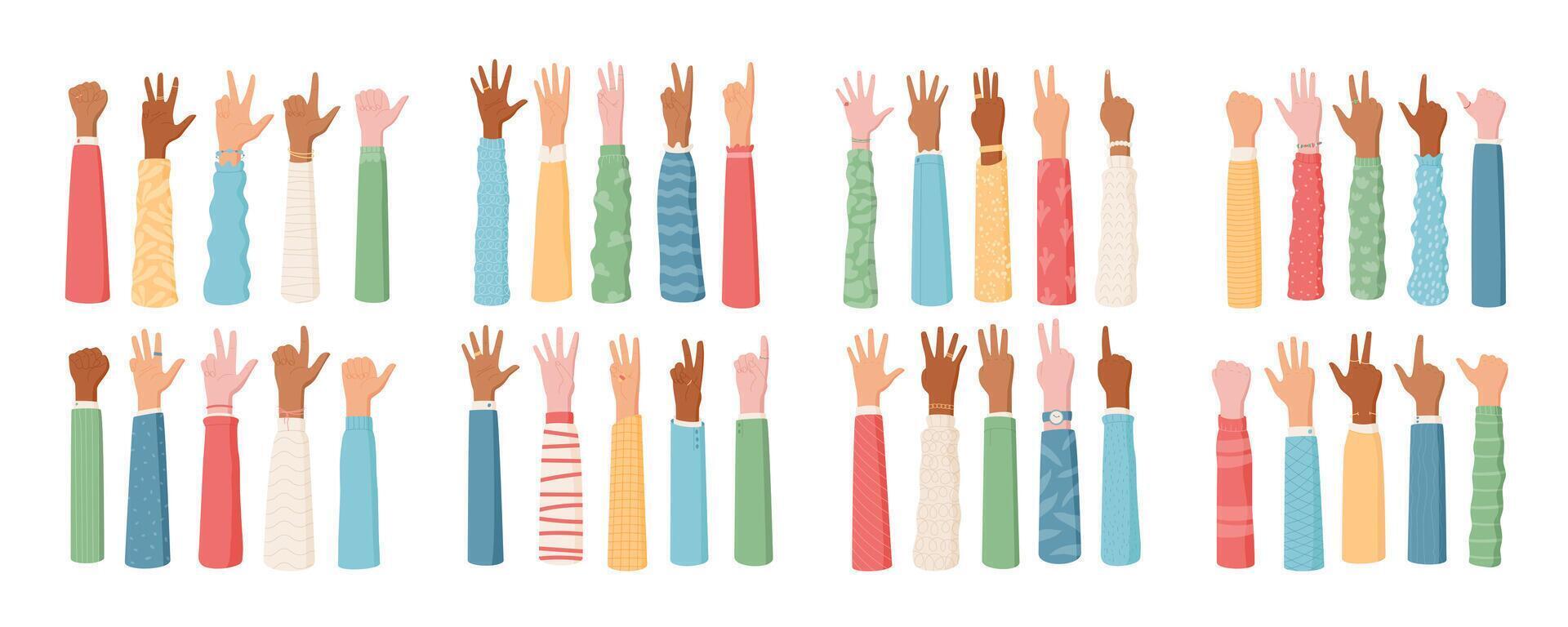 Cartoon hands in a flat style show finger counts from zero to five set. Illustrating people with diverse gestures and sleeves, this isolated set provides educational elements vector