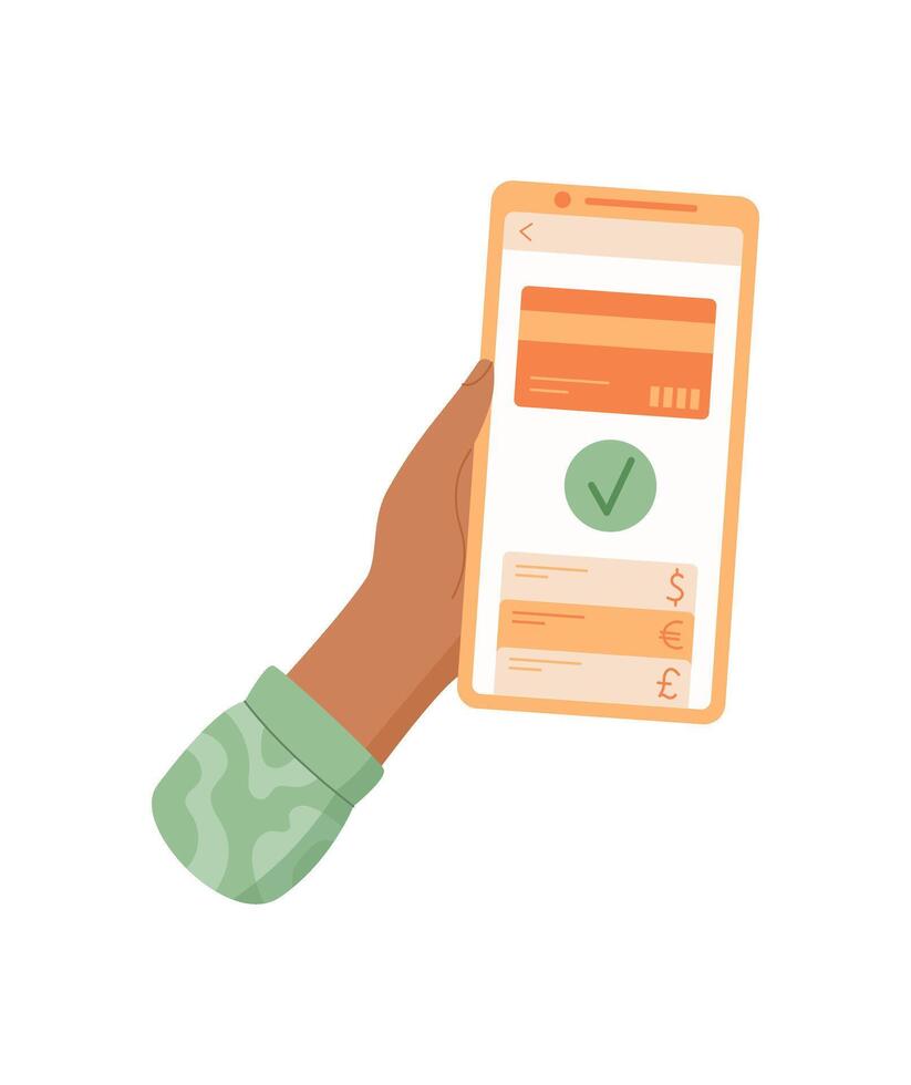 Phone in hand for payment. Mobile device held by a user to complete a transaction. Touchscreen app for card payment, digital technology sharing in business context. vector
