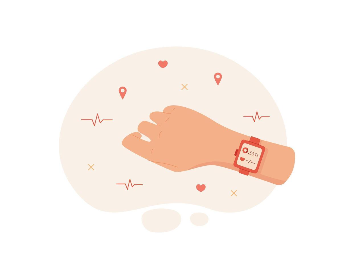 Smartwatch on hand shows fitness app. This mobile device captures health data with a user application. Digital technology enhances lifestyle, flat design suitable for wellness concepts. vector