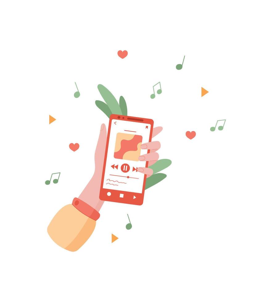 A hand holds a smartphone showcasing a vibrant music app. This mobile device features engaging media play buttons on its digital screen, allowing for seamless social interaction and audio streaming. vector