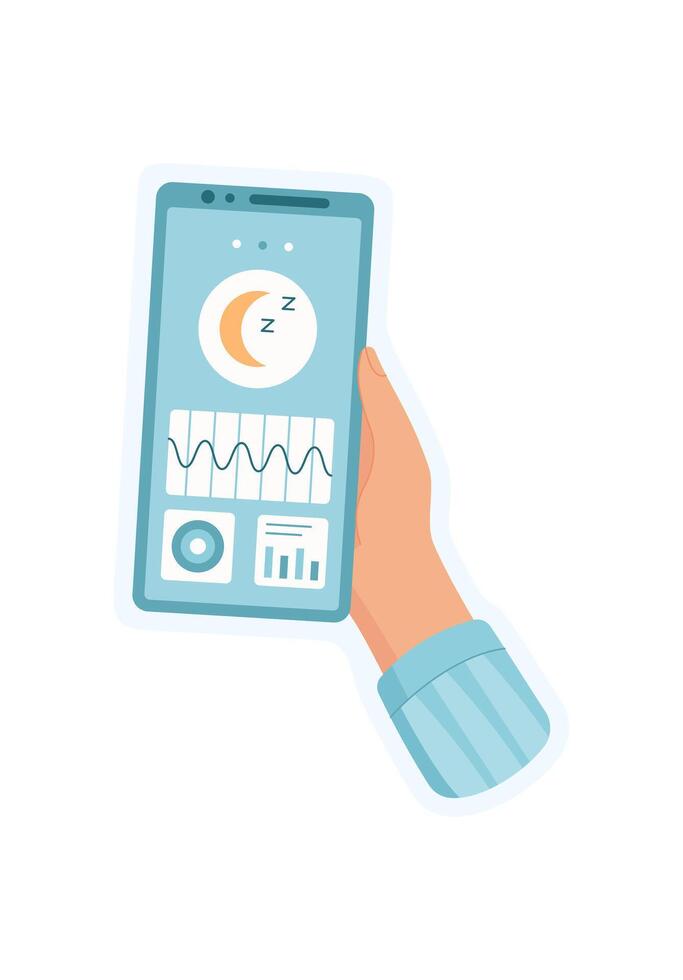 Sticker of hand holding phone. Application on phone screen monitors sleep activity. User engages with app in flat cartoon graphic style, suitable for social media promotion and digital marketing. vector
