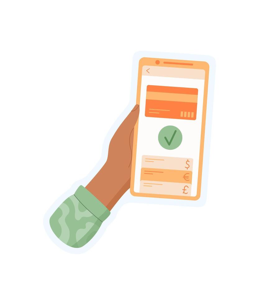 Hand holding phone with an app sticker. User of the mobile device conducts a payment transaction. Digital interaction, graphic style, ideal for business and technology applications. vector