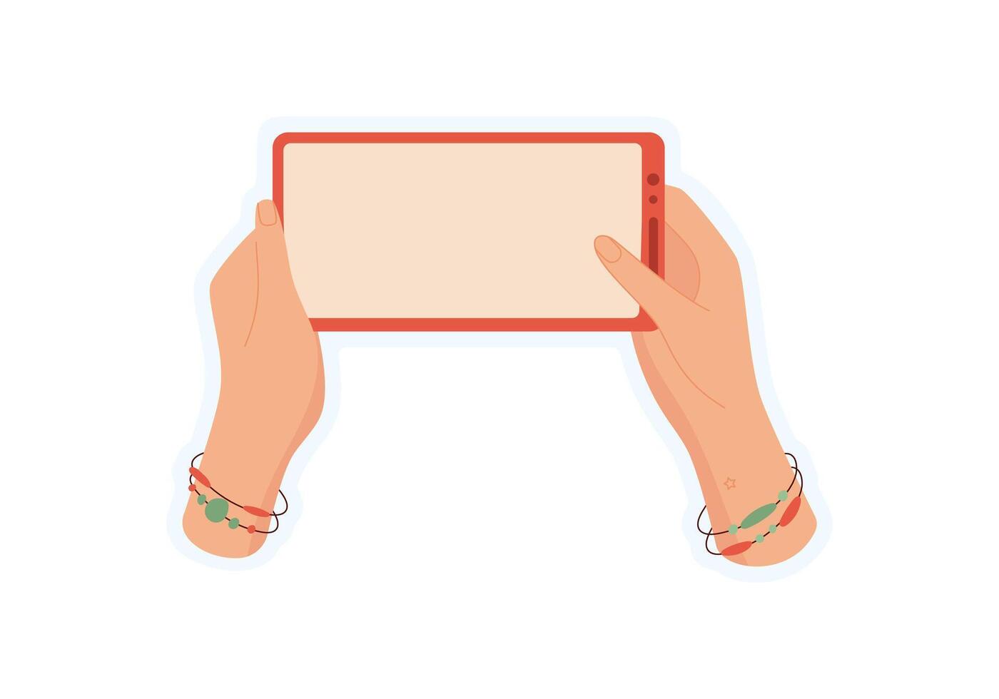 Sticker of hand holding phone. Graphic of smartphone in users palm. Context digital communication, flat style, ideal for media applications. vector